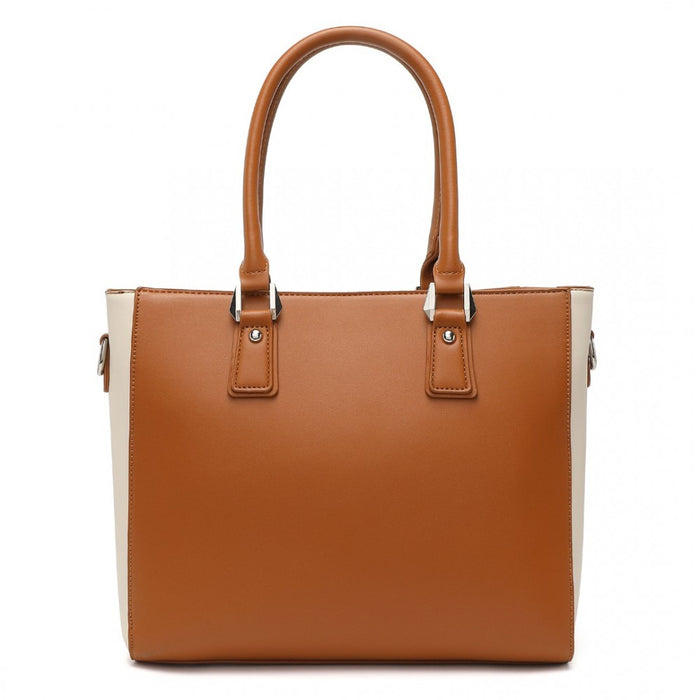 PU Leather V-Shape Shoulder Handbag – Brown and Beige