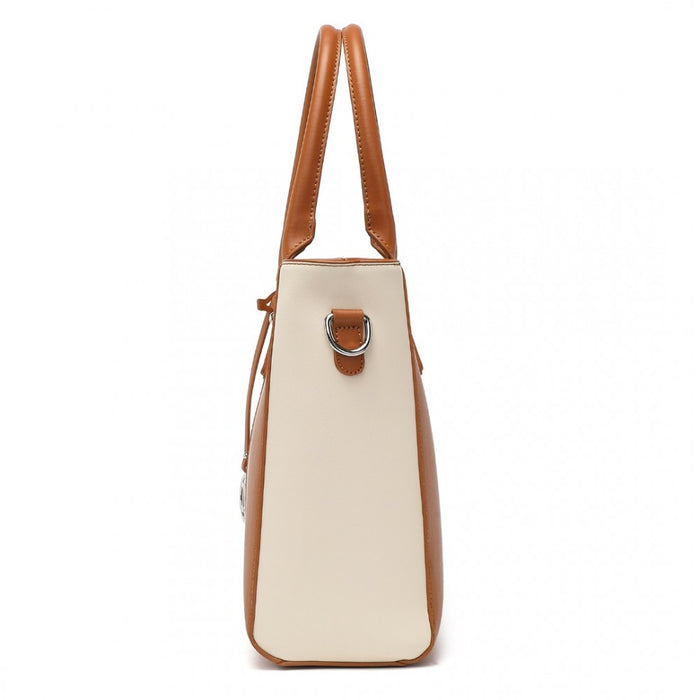 PU Leather V-Shape Shoulder Handbag – Brown and Beige