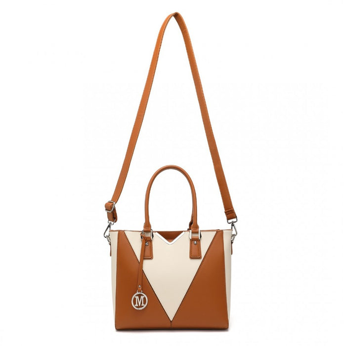 PU Leather V-Shape Shoulder Handbag – Brown and Beige