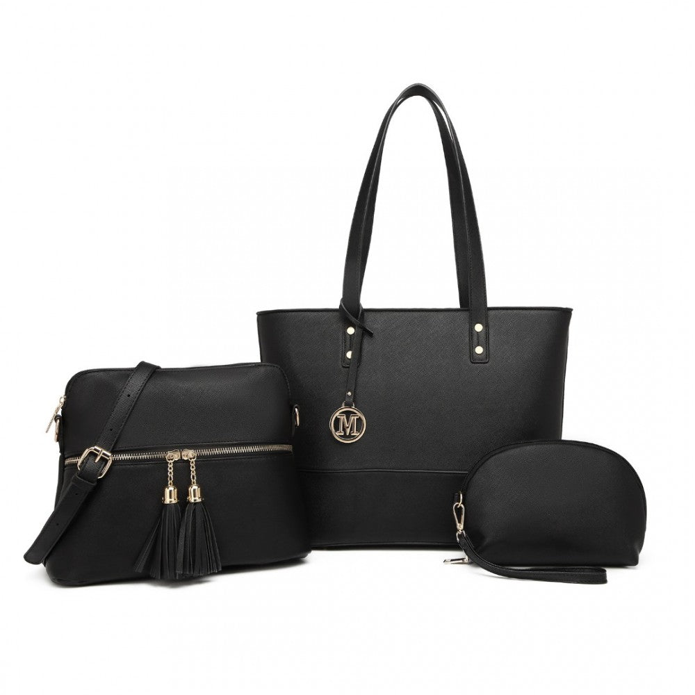 3-Piece PU Leather Tote Bag Set – Black