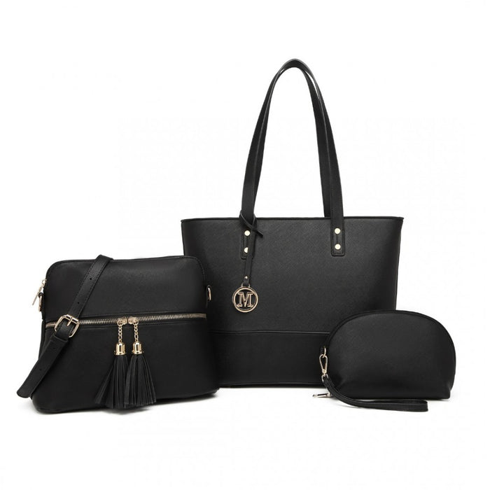 3-Piece PU Leather Tote Bag Set – Black