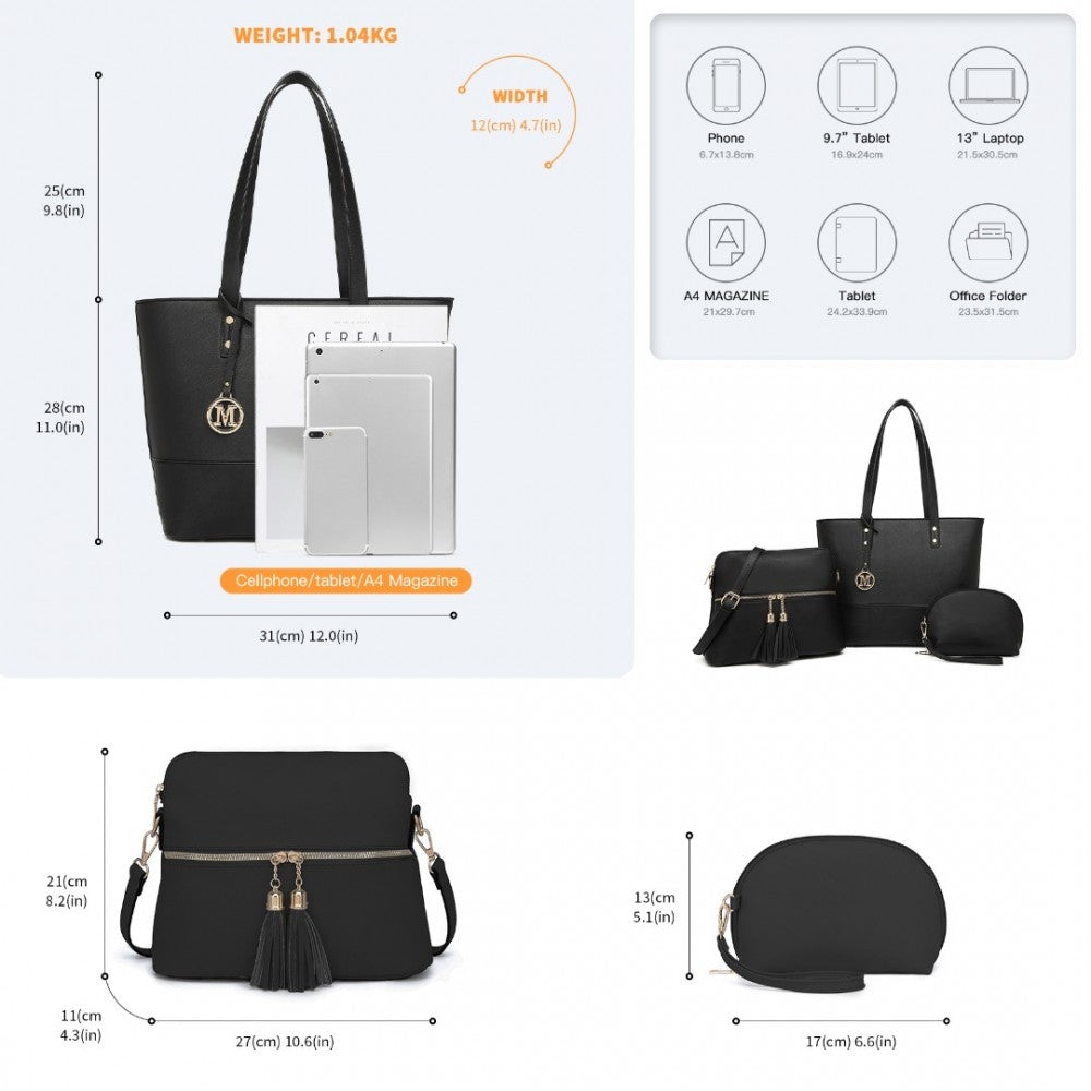 3-Piece PU Leather Tote Bag Set – Black