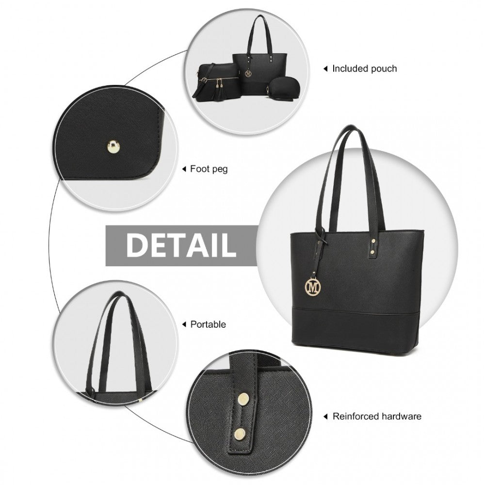 3-Piece PU Leather Tote Bag Set – Black