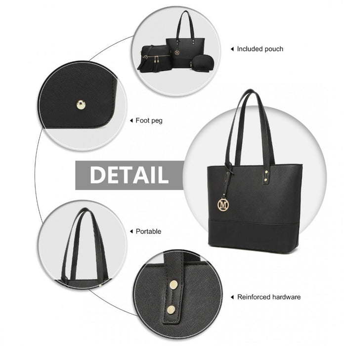 3-Piece PU Leather Tote Bag Set – Black