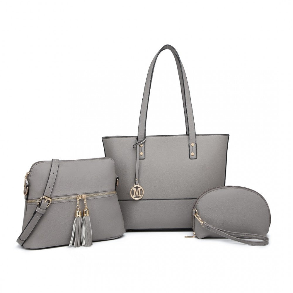 3-Piece PU Leather Tote Bag Set – Grey