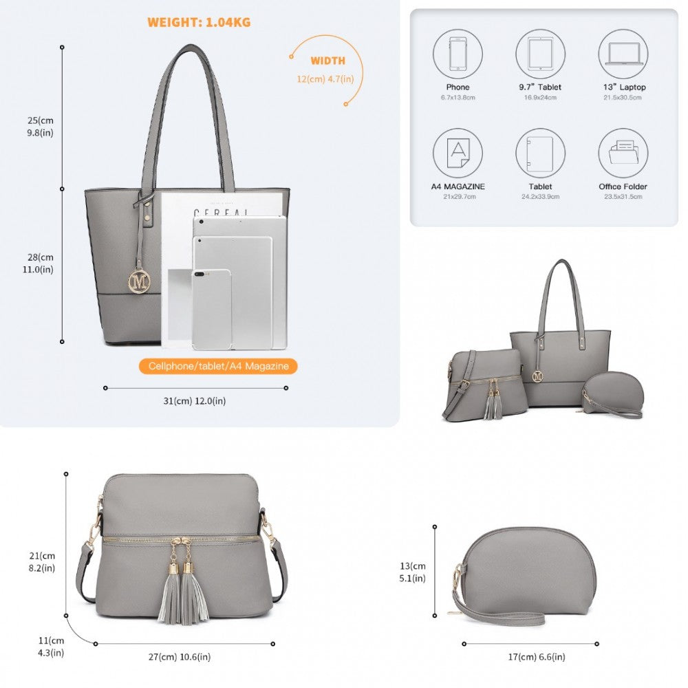 3-Piece PU Leather Tote Bag Set – Grey