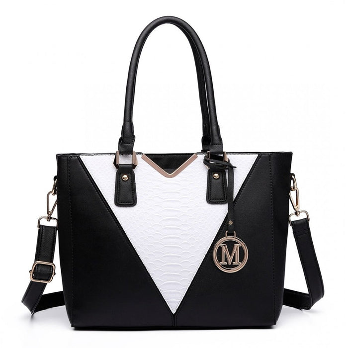 PU Leather V-Shape Multicolour Tote Bag – Black