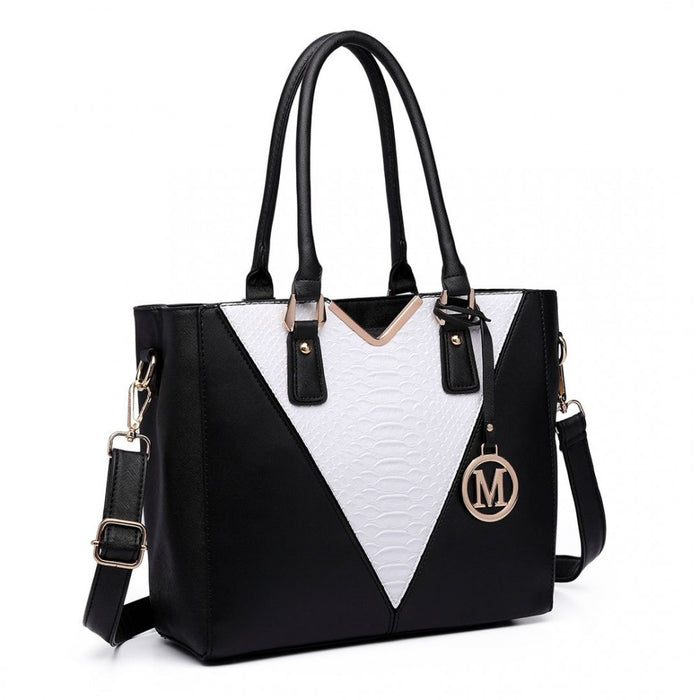PU Leather V-Shape Multicolour Tote Bag – Black