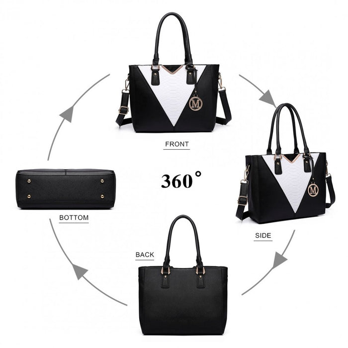 PU Leather V-Shape Multicolour Tote Bag – Black