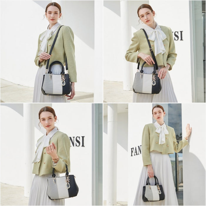 PU Leather Colour-Block Bow Pendant Handbag – Black