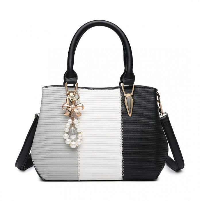 PU Leather Colour-Block Bow Pendant Handbag – Black