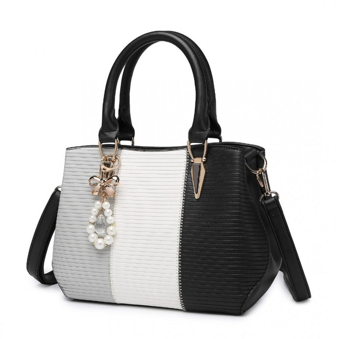 PU Leather Colour-Block Bow Pendant Handbag – Black