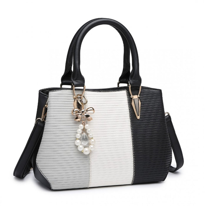 PU Leather Colour-Block Bow Pendant Handbag – Black