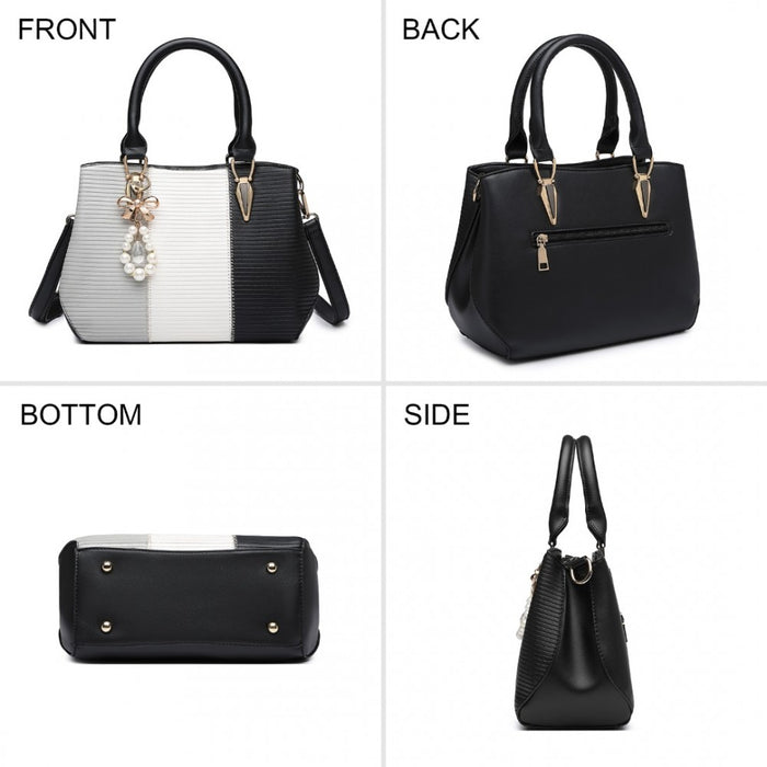 PU Leather Colour-Block Bow Pendant Handbag – Black