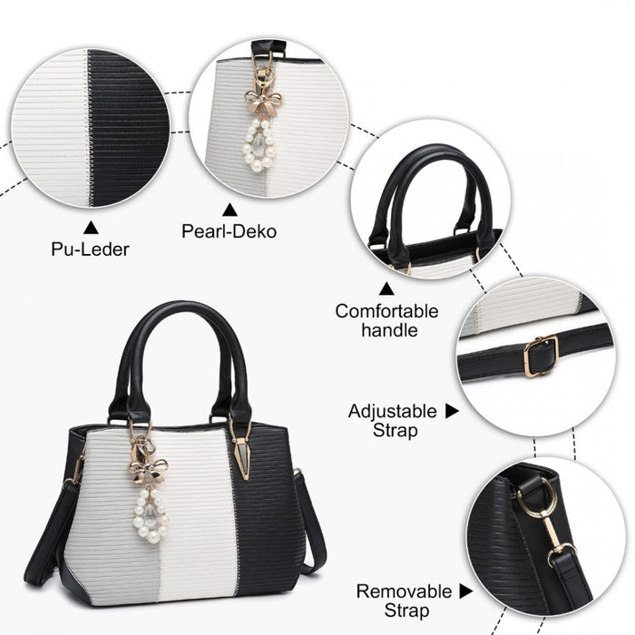 PU Leather Colour-Block Bow Pendant Handbag – Black