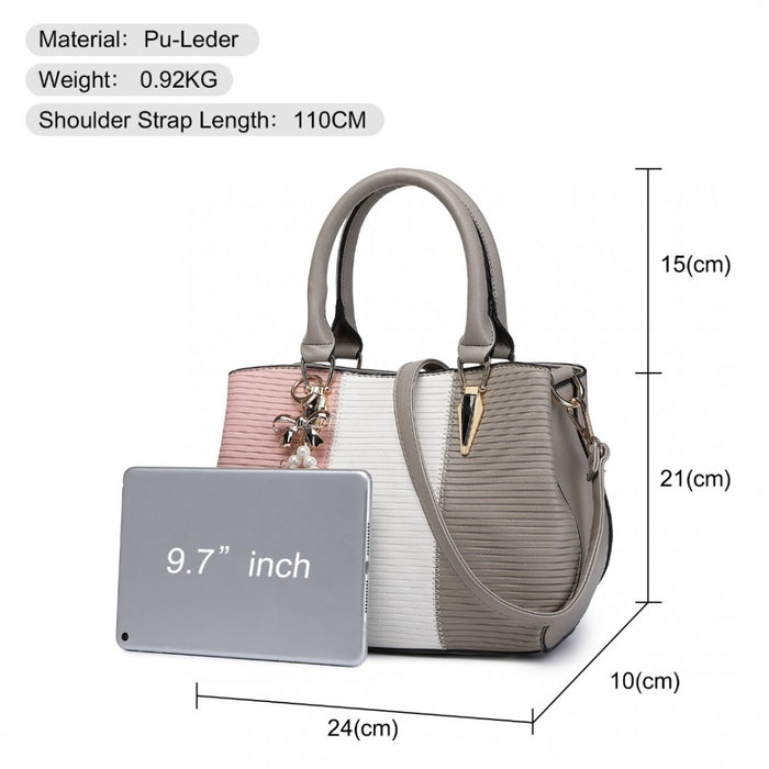 PU Leather Colour-Block Bow Pendant Handbag – Grey