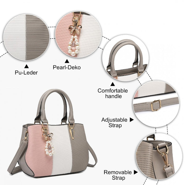 PU Leather Colour-Block Bow Pendant Handbag – Grey