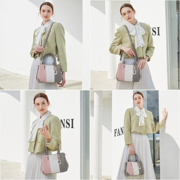 PU Leather Colour-Block Bow Pendant Handbag – Grey