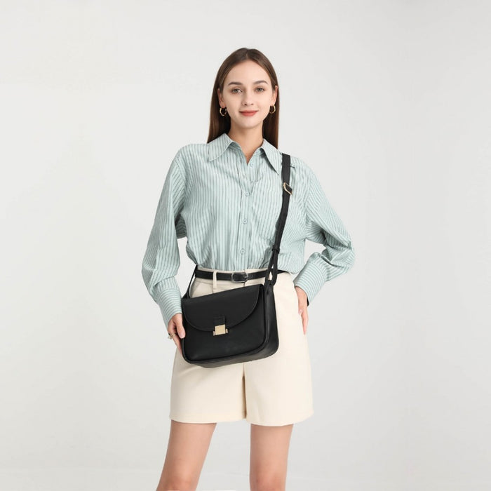 Fashion PU Leather Commute Flap Small Square Bag – Black