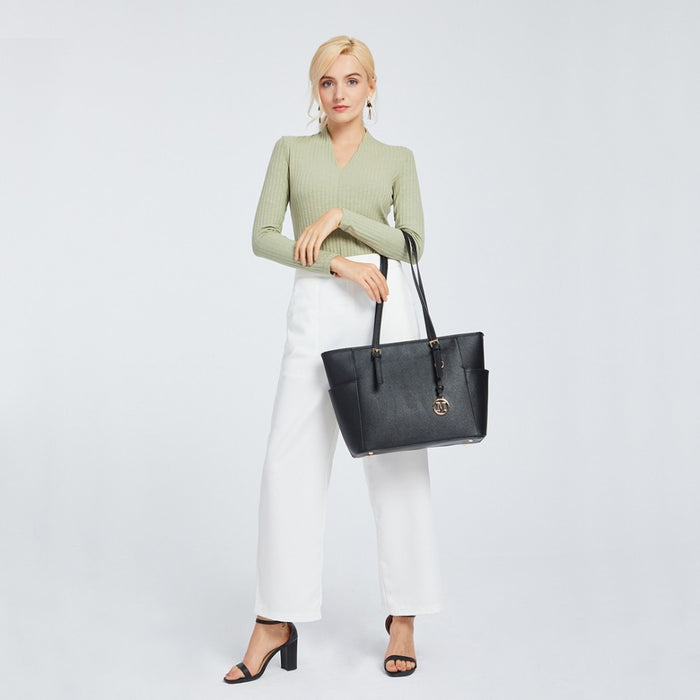 PU Leather Adjustable Handle Tote Bag – Black