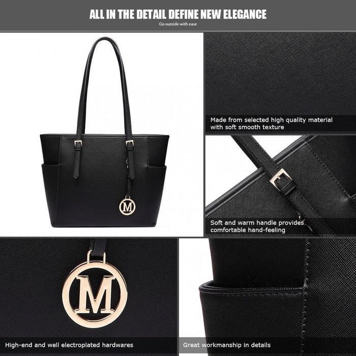 PU Leather Adjustable Handle Tote Bag – Black