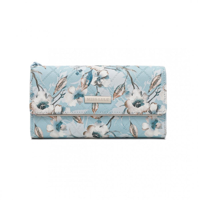 Women's Flower Printed PU Leather Long Purse – Blue