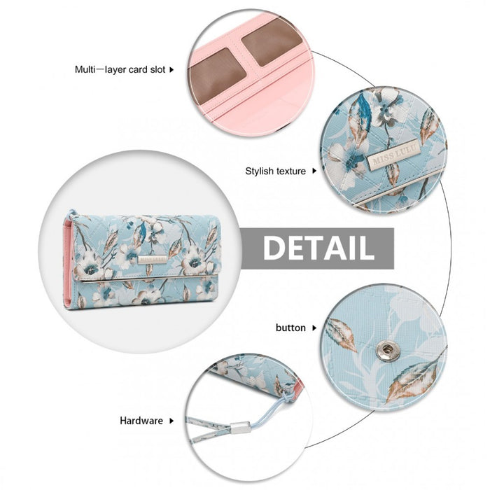 Women's Flower Printed PU Leather Long Purse – Blue