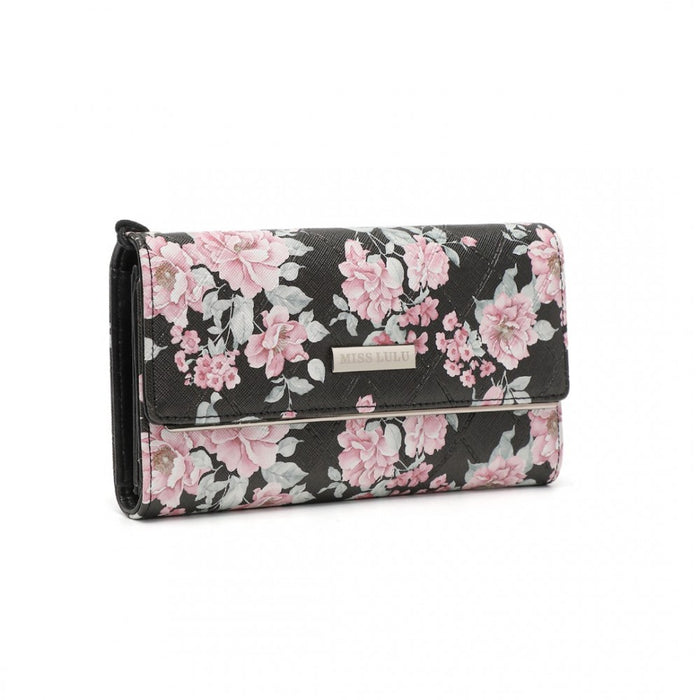 Women's Flower Printed PU Leather Long Purse – Black