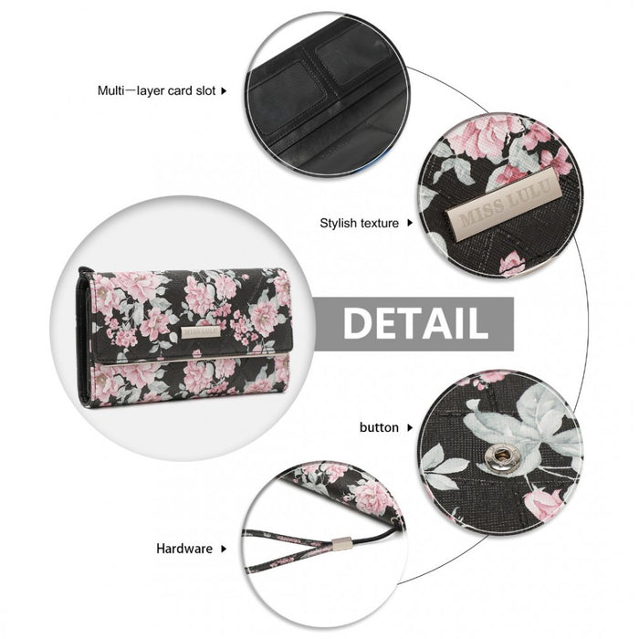 Women's Flower Printed PU Leather Long Purse – Black