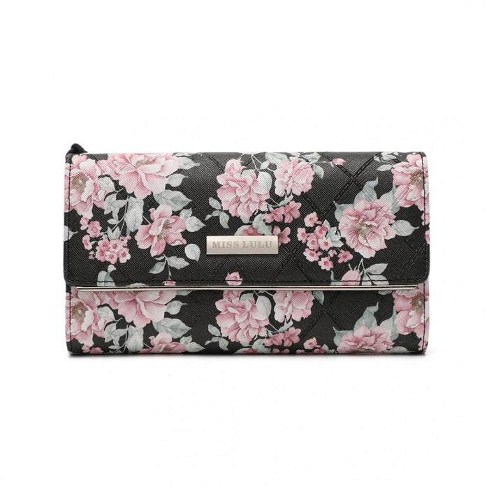 Women's Flower Printed PU Leather Long Purse – Black