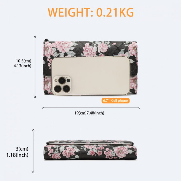 Women's Flower Printed PU Leather Long Purse – Black
