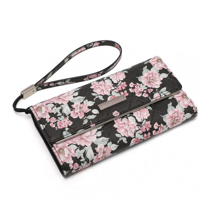 Women's Flower Printed PU Leather Long Purse – Black