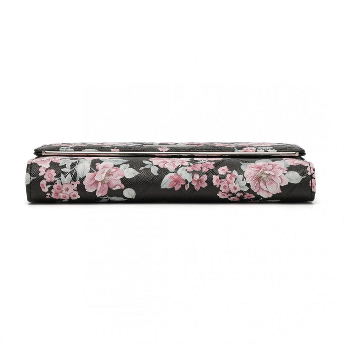 Women's Flower Printed PU Leather Long Purse – Black