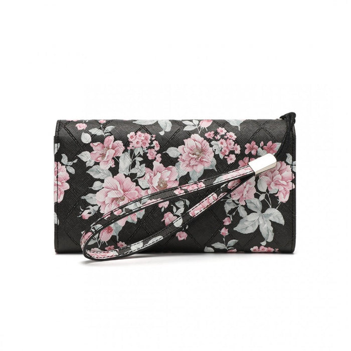 Women's Flower Printed PU Leather Long Purse – Black