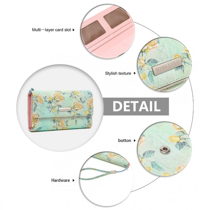 Women's Flower Printed PU Leather Long Purse – Green