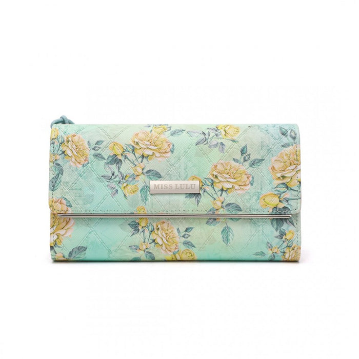 Women's Flower Printed PU Leather Long Purse – Green