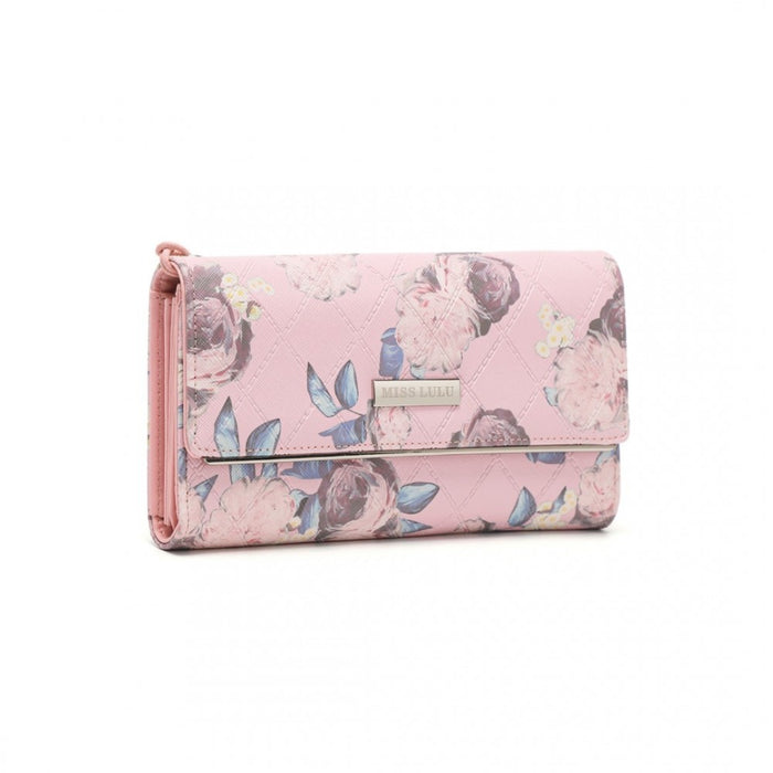 Women's Flower Printed PU Leather Long Purse – Pink