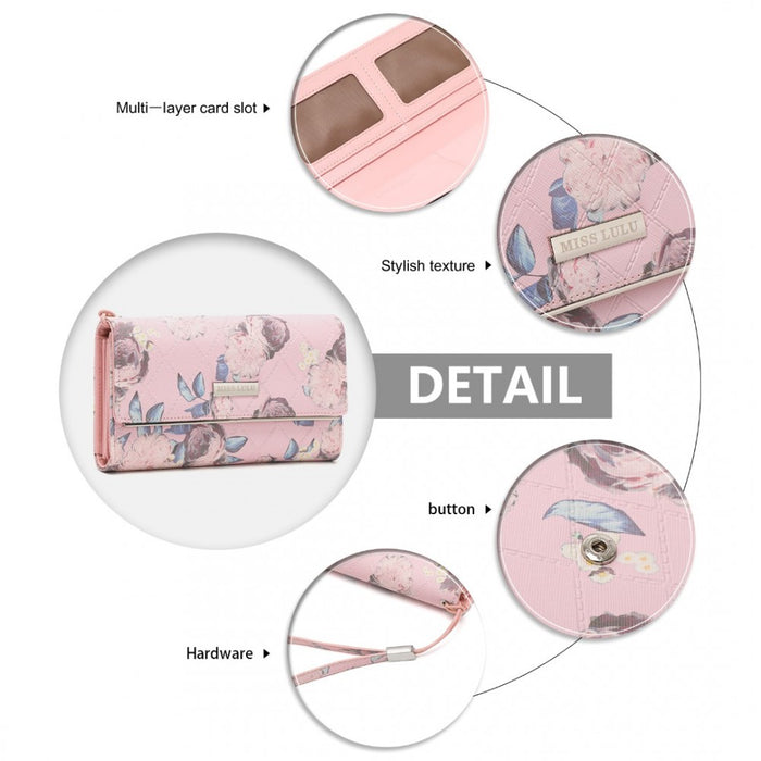 Women's Flower Printed PU Leather Long Purse – Pink