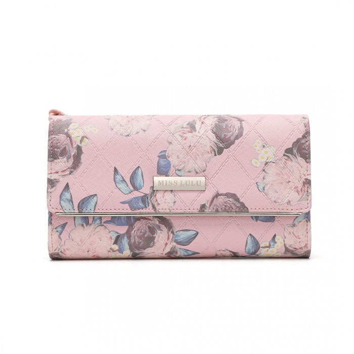 Women's Flower Printed PU Leather Long Purse – Pink