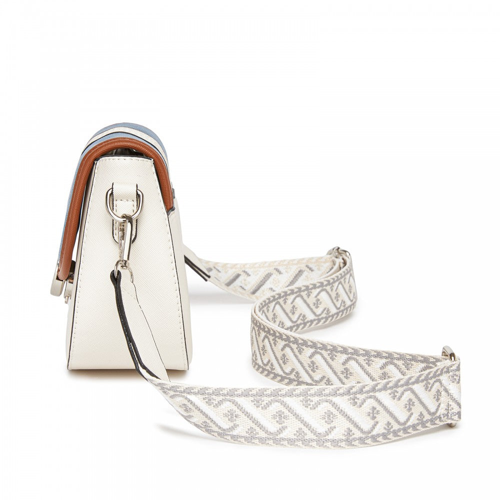 Women's PU Leather Ethnic Style Crossbody Bag with Corduroy Flap and Adjustable Strap – Blue and Beige