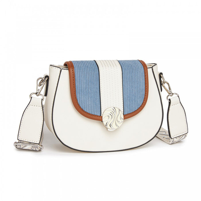 Women's PU Leather Ethnic Style Crossbody Bag with Corduroy Flap and Adjustable Strap – Blue and Beige