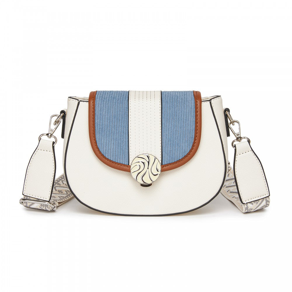 Women's PU Leather Ethnic Style Crossbody Bag with Corduroy Flap and Adjustable Strap – Blue and Beige