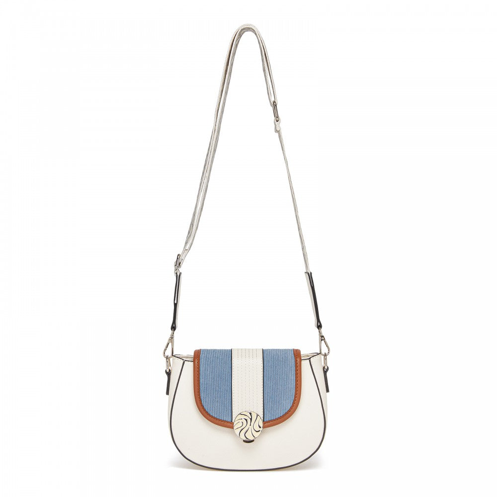 Women's PU Leather Ethnic Style Crossbody Bag with Corduroy Flap and Adjustable Strap – Blue and Beige