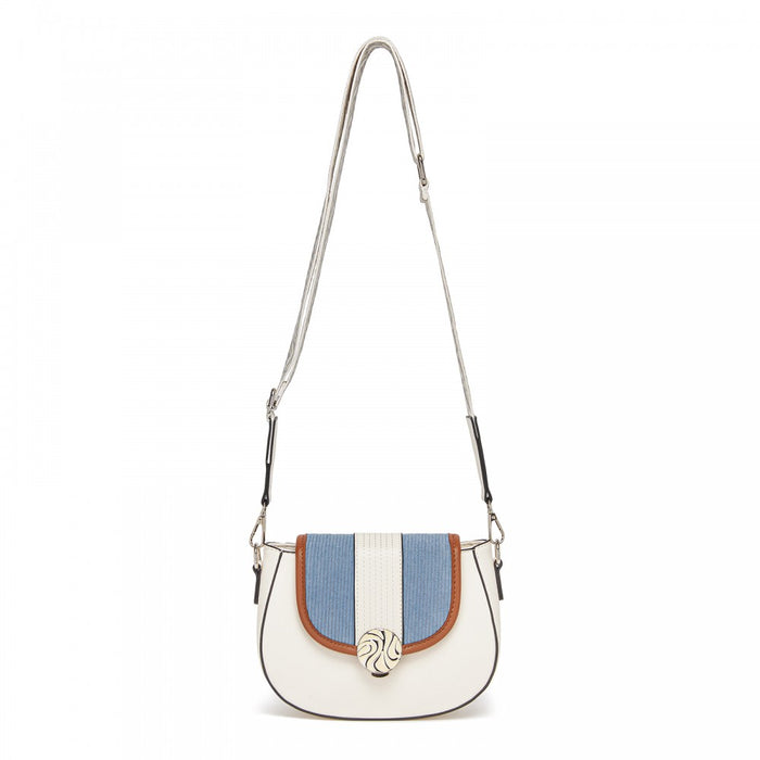 Women's PU Leather Ethnic Style Crossbody Bag with Corduroy Flap and Adjustable Strap – Blue and Beige