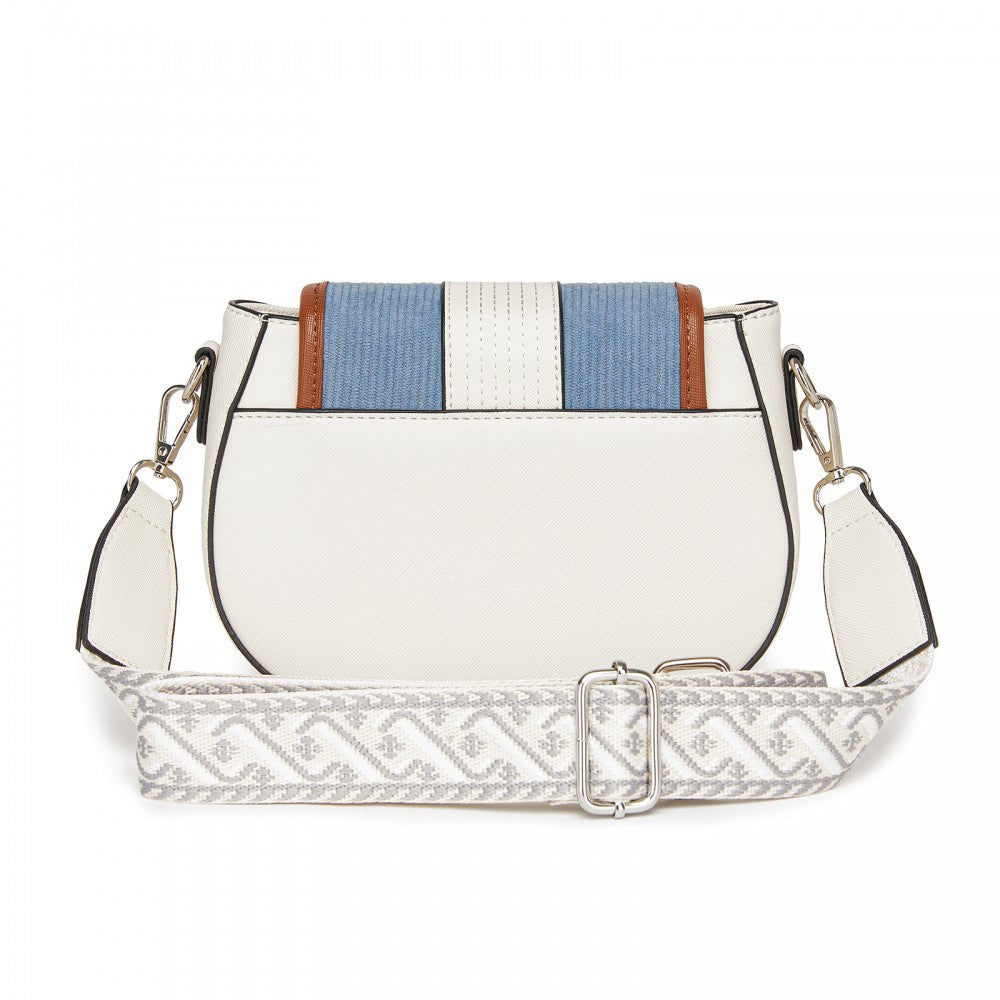 Women's PU Leather Ethnic Style Crossbody Bag with Corduroy Flap and Adjustable Strap – Blue and Beige