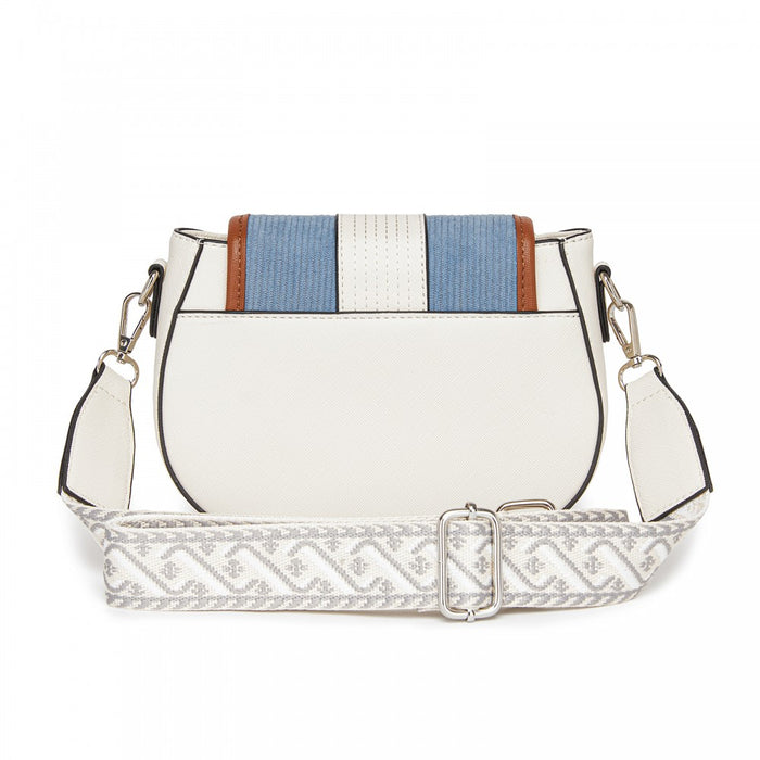 Women's PU Leather Ethnic Style Crossbody Bag with Corduroy Flap and Adjustable Strap – Blue and Beige