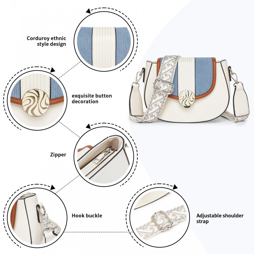 Women's PU Leather Ethnic Style Crossbody Bag with Corduroy Flap and Adjustable Strap – Blue and Beige