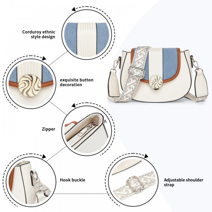 Women's PU Leather Ethnic Style Crossbody Bag with Corduroy Flap and Adjustable Strap – Blue and Beige