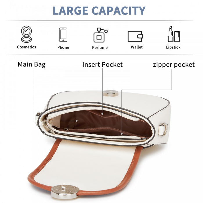 Women's PU Leather Ethnic Style Crossbody Bag with Corduroy Flap and Adjustable Strap – Blue and Beige
