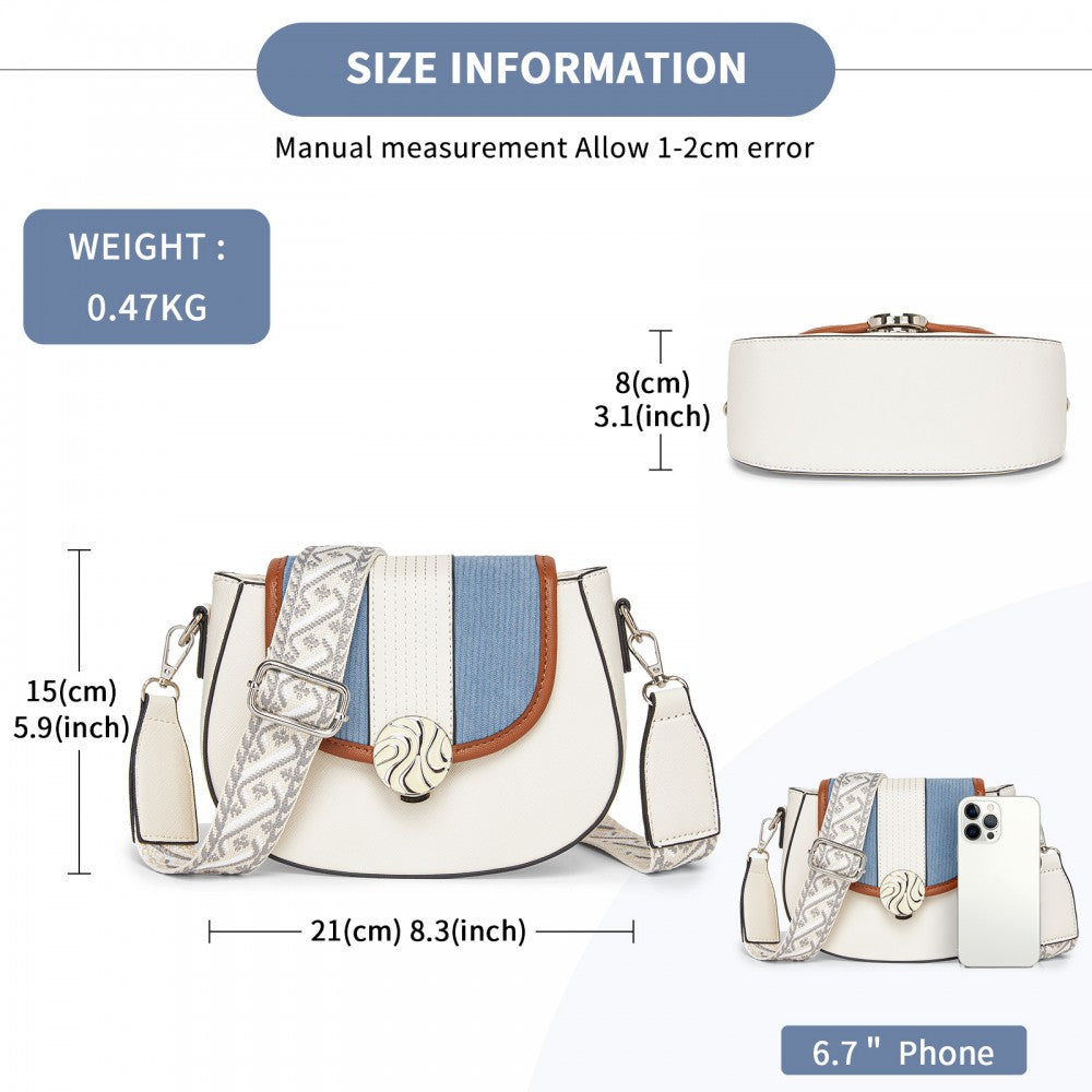 Women's PU Leather Ethnic Style Crossbody Bag with Corduroy Flap and Adjustable Strap – Blue and Beige
